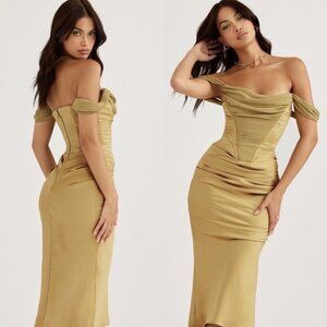 House of CB Natalya Olive Satin Corset Midi Dress S